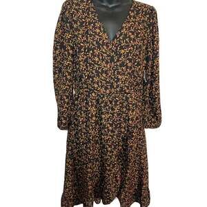 Floral Black Red Long Sleeve Faux Wrap Dress asymmetrical hem ruffle M prairie